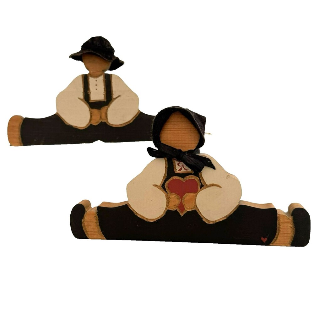 Vtg Wooden Amish Couple Pair Handmade Folk Art Figurines Cottagecore Country